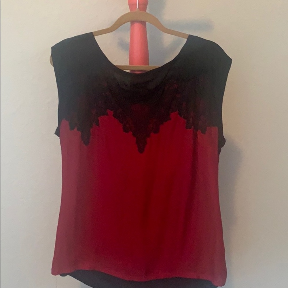 Red with Black Lace Sleeveless Blouse